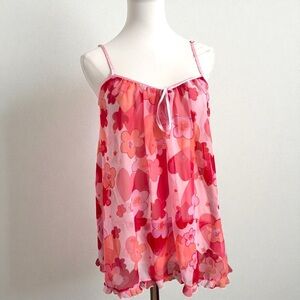 Y2K 2pc Sheer Floral Babydoll Lingerie Set Pink Red Heart 2000s Coquette Fairy M